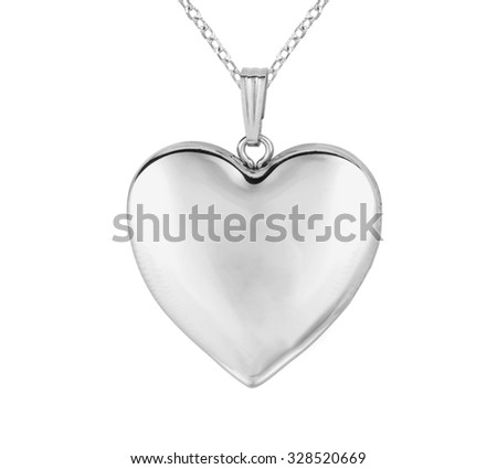 Silver pendant in shape of heart on chain isolated on white