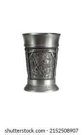Silver or pewter wine goblet with bas-relief isolated on a white background. Photo with a shallow depth of field - Shutterstock ID 2152508907