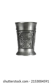 Silver or pewter wine goblet with bas-relief and inscription - Year 1765. isolated on a white background. Photo with a shallow depth of field - Shutterstock ID 2153004591
