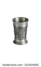 Silver or pewter wine goblet with bas-relief and inscription - Year 1765. isolated on a white background. Photo with a shallow depth of field - Shutterstock ID 2153191855