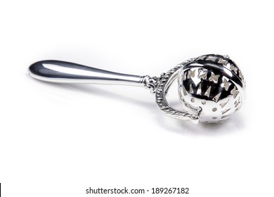 Silver Rattle Toy On White Background