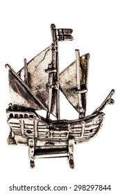 Silver Reproduction Of The Columbus Ship Nina Isolated Over A White Background