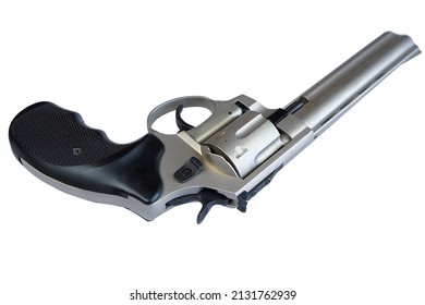 Silver Revolver On A White Background.