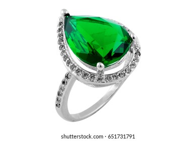 Silver ring with emerald isolated on white - Shutterstock ID 651731791