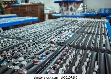 Silver Rings In A Shop From Taxco, Silver Capital Of Mexico