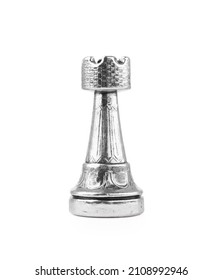 Silver Rook Isolated On White. Chess Piece