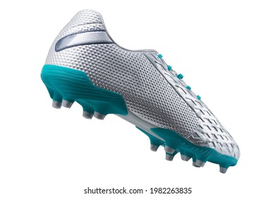 silver soccer shoes with spikes, levitates like flying, white background, reverse side, isolate