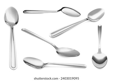 Silver spoon isolated on white, different sides. Kitchen utensil