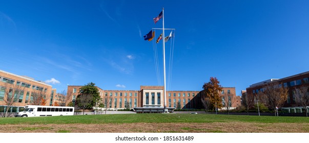 Silver Spring, MD, USA 11/10/2020: Wide angle view of the headquarters of US Food and Drug Administration (FDA). This federal agency approves medications, vaccines and food additives for human use.