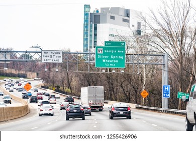 Silver Spring, USA - April 1, 2018: Highway By Washington DC In Maryland On Capital Beltway Loop, Sign For Exit To Wheaton