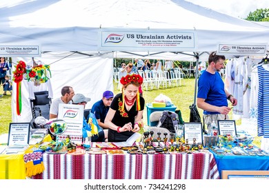 Silver Spring, USA - September 16, 2017: Booth Of Ukrainian Activists Fundraiser, Raising Funds, Money, Aid, Financial Support That Go To Lviv Military Hospital