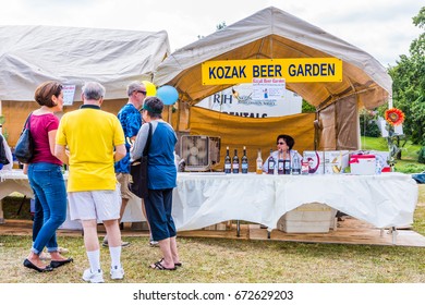 Silver Spring, USA - September 17, 2016: Ukrainian Kozak Beer Garden Sign With People Buying Traditional Food And Drink At Festival