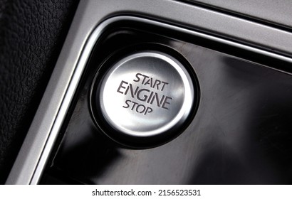 Silver Start And Stop Button In A Vehicle. Automatic Car. Engine Start Button.