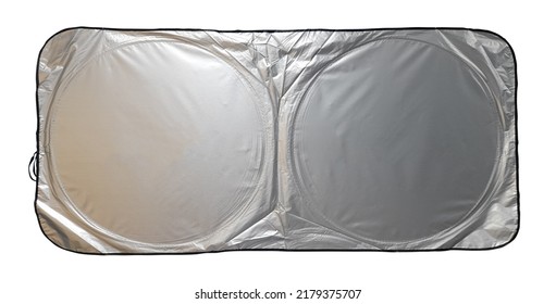 Silver sunshade , Sunshade silver colour isolated in white background, plain sunshade silver in colour, car shade blank for mockup design - Shutterstock ID 2179375707