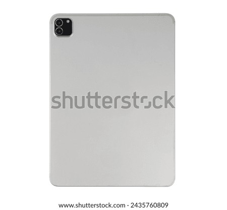 A silver tablet with a white case. The tablet is rectangular and has a black camera on the top