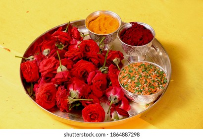 Silver Thali With Pink Roses. Pooja Aarti Thali