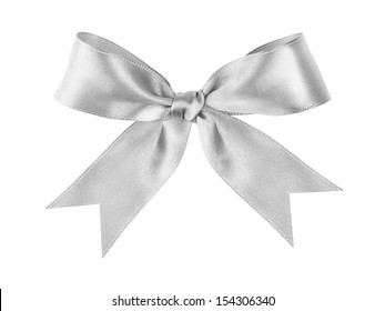 silver tied festive bow made from ribbon, isolated on white