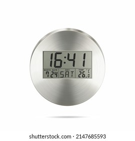 Silver Tonemetal Framed, Digital Round Wall Clock On White Background. Metallic Round Desk Clock. 