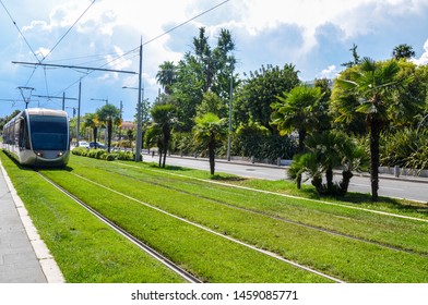 A silver tram running on rails surrounded by fresh green grass in city center in Nice, France.