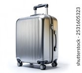 Silver travel suitcase isolated white background with copy-space travel concept