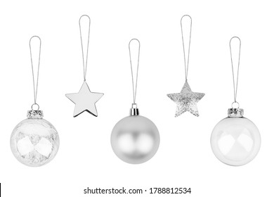 Silver Сhristmas Tree Decorations Set White Background Isolated Closeup, Glass Balls & Metal Stars Hanging On Thread Collection, Shiny Baubles, Traditional New Year Holiday Design Element, Xmas Toys