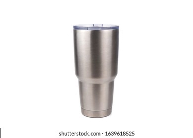 Silver tumbler glass cold store. Stainless steel thermos tumbler mug isolated on white background. concept eco friendly.