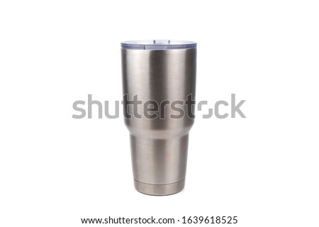 Silver tumbler glass cold store. Stainless steel thermos tumbler mug isolated on white background. concept eco friendly.
