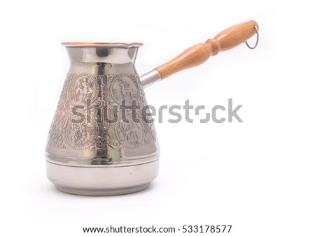 silver turkish coffee pot with a pattern isolated on white