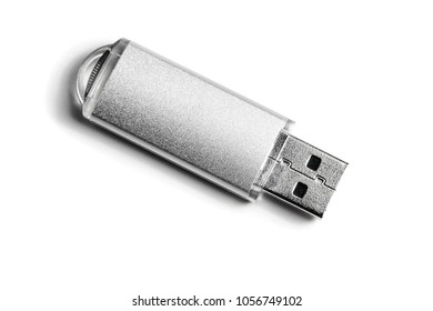 Silver USB Flash Drive closeup on white background