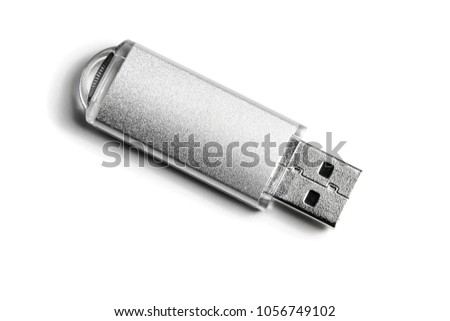 Silver USB Flash Drive closeup on white background