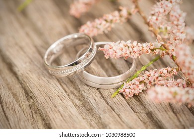 Silver wedding rings on a wooden  background