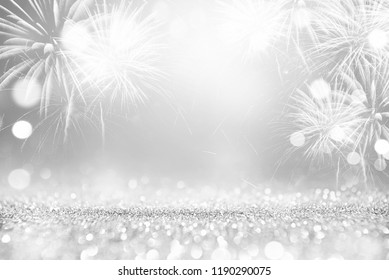 Silver And White Fireworks And Bokeh In New Year Eve And Copy Space. Abstract Background Holiday.