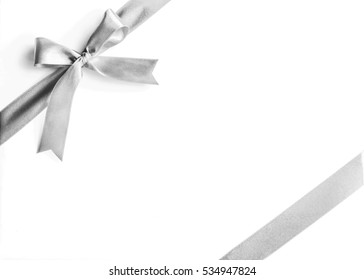 Silver White Grey Ribbon Bow Corner Stripe Fabric Isolated On White Background With Clipping Path