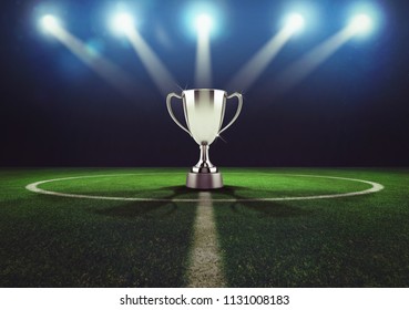 Silver Winner's Cup In The Middle Of A Soccer Field