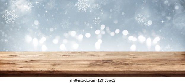 Silver Winter Background With Wooden Table For A Christmas Decoration