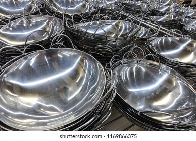 Silver Wok Pot Background. Selective Focus. 