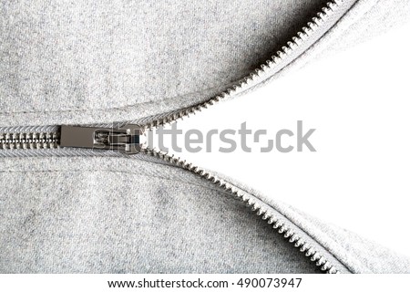 silver zip on woolen fabric, isolated on white background