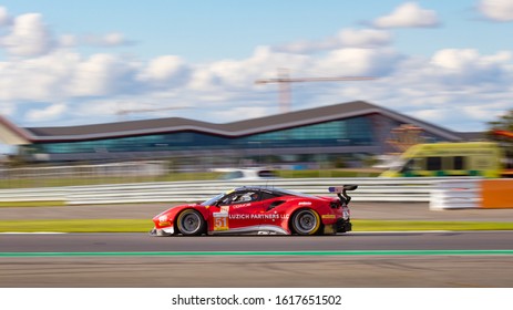 Silverstone Circuit, England, 31 Aug 2019.  Luzich Racing Ferrari 488 at Club with the Silverstone Wing in the background. ELMS 4 Hours of Silverstone 2019