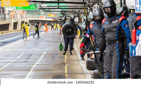 Silverstone Circuit, UK, Aug 29 - Sept 1 2019. Busy pit lane with pit crew waiting in anticipation for arrival of cars. WEC 4 Hours of Silverstone 