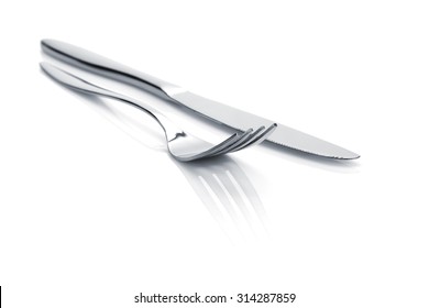 Silverware Or Flatware Set Of Fork And Knife. Isolated On White Background