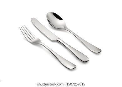Silverware set containing three products, a
knife, a fork and a spoon. Isolated on a white background, well lit, ready to be used in advertisements.
