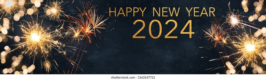 Silvester 2024 Happy New Year, New Year's Eve Party background banner panorama long greeting card - Golden firework fireworks and sparklers on dark blue night sky texture - Shutterstock ID 2163147721