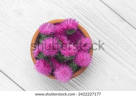Silybum marianum (milk thistle) flowers in a wooden bowl.One of the most common uses of milk thistle is to treat liver problems.Alternative medicine concept on a white wooden table (selective focus).