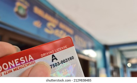 SIM is a driver's license card in Indonesia. SIM A for a  general regular car. SATPAS SIM, North Jakarta. 27 February 2022.