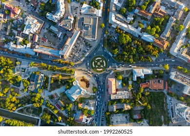 Simferopol, Crimea. Soviet square. City center. Aerial view. Sunset time. Summer