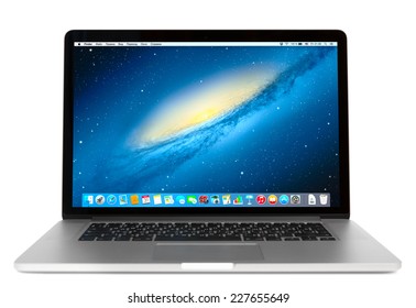 SIMFEROPOL, RUSSIA - NOVEMBER 01, 2014:  Front view of Macbook Pro.  MacBook is a brand of notebook computers manufactured by Apple Inc.
