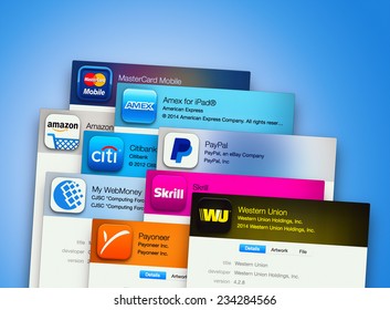 SIMFEROPOL, RUSSIA - NOVEMBER 27, 2014:  Popular financial applications on an Apple macbook display. Include: Amazon, PayPal, Mastercard, Western Union and other