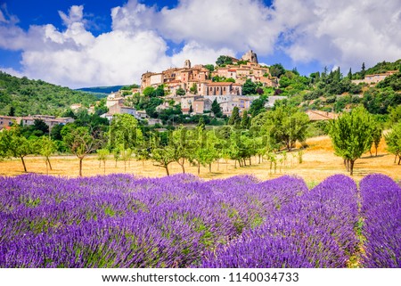 Simiane-la-Rotonde, hilltop village in Provence with lavender fields, France.