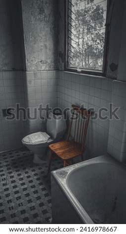 Morbid mood. A toilet bowl stands in a dilapidated house. Wallpaper and paint come off the wall and through an open window you can see a shrub