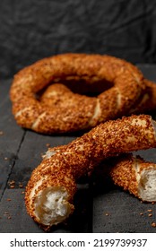 Simit, Traditional Turkish Bagel, Breakfast, On A Black Wooden Table, No People